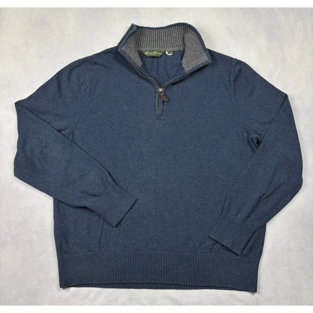 Eddie Bauer Mens Blue Cotton Cashmere Quarter Zip Sweater‎ Large 14003804